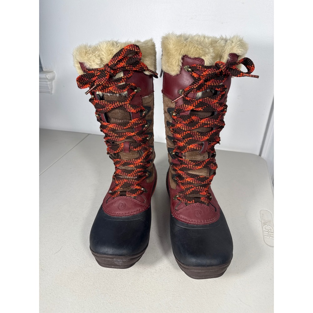 Merrell Women Burgundy Brown Waterproof Tall Winter Snow Boots Faux Fur Trim 8.5